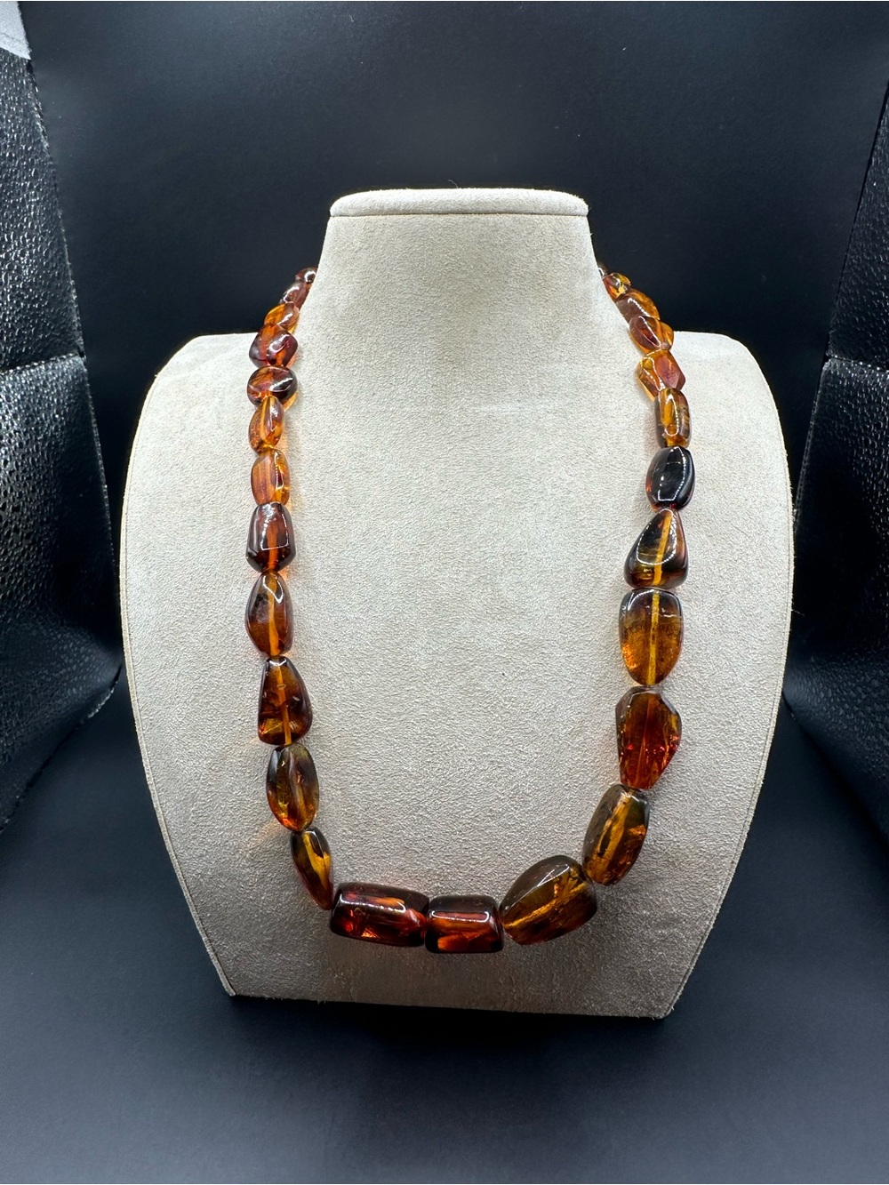 Vintage Baltic Amber Beaded Sterling Silver Necklace - Rich Cognac Brown